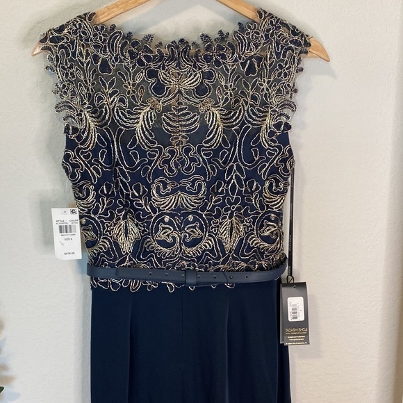 Tadashi Shoji Navy/Gold Sleeveless Gown - Size 6 - Picture 9 of 12